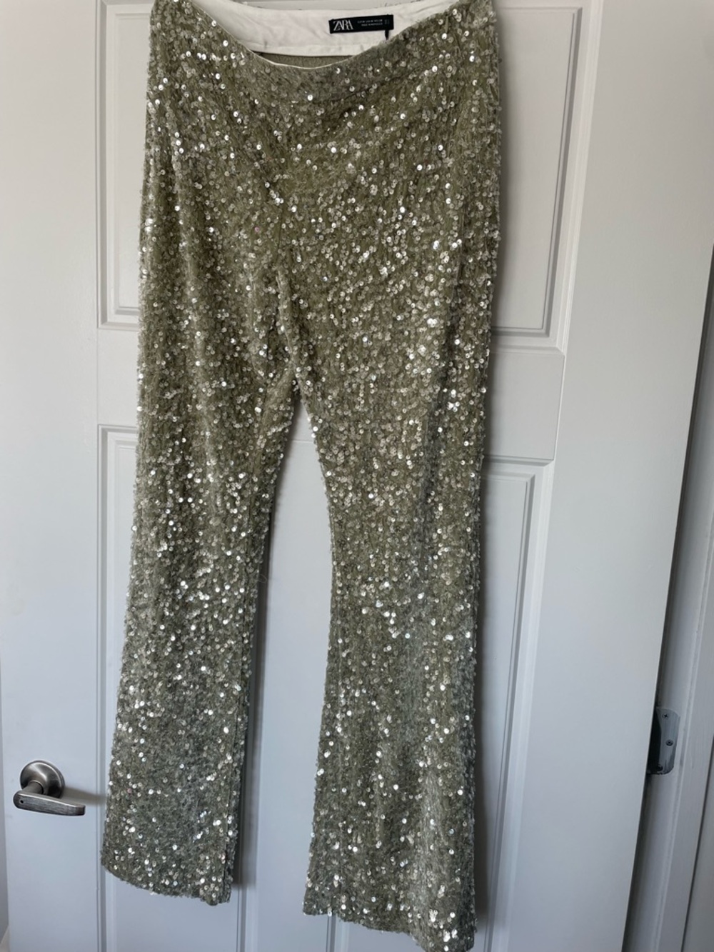 NWT Zara Sequin Flare Pants in Light Olive/Silver